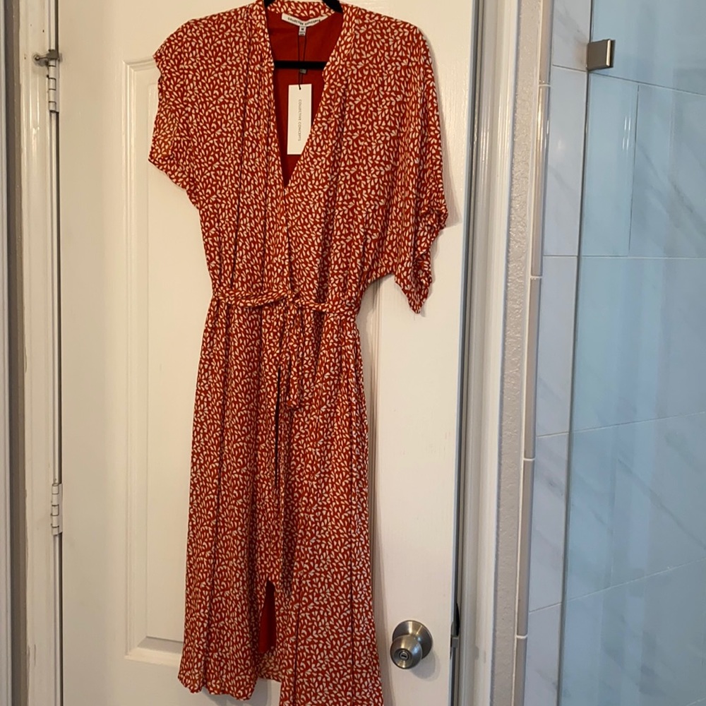 Rust orange and cream midi wrap dress